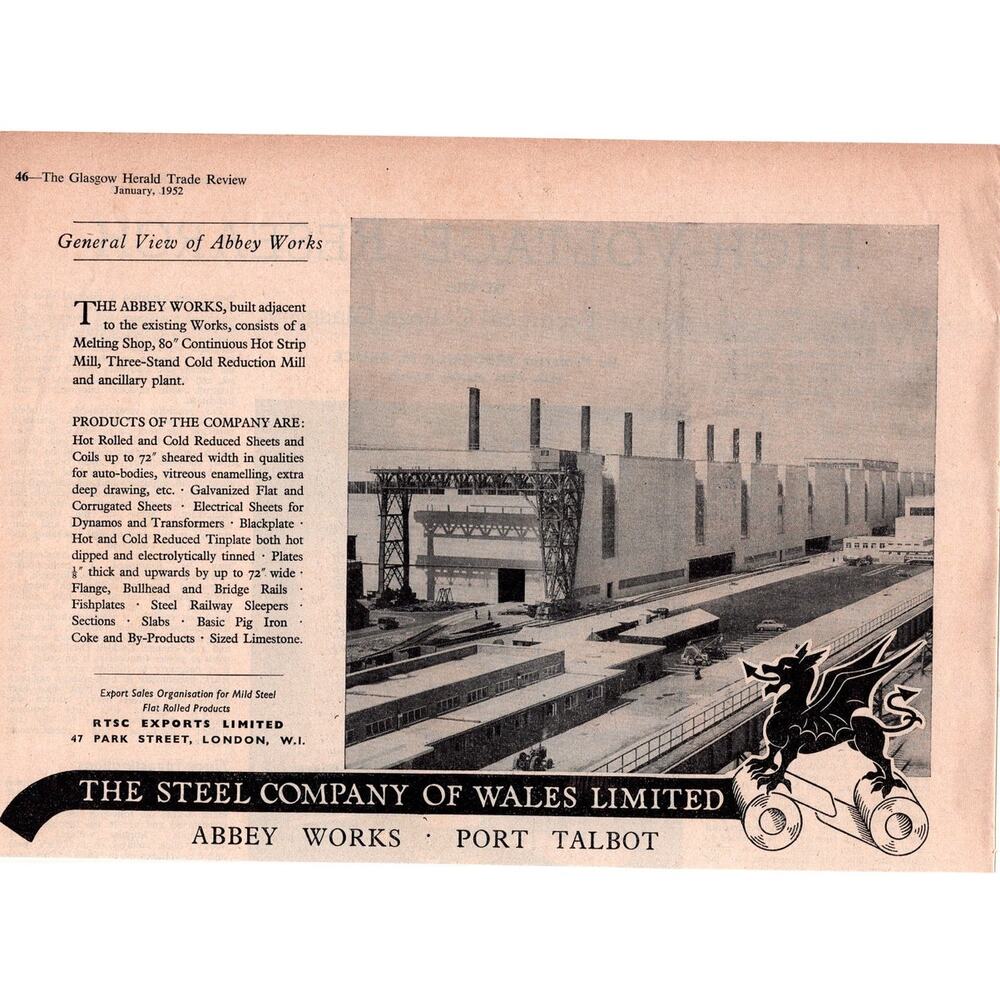 Steel Company of Wales Limited Advertisement 1952 Vintage Industrial Abbey Works